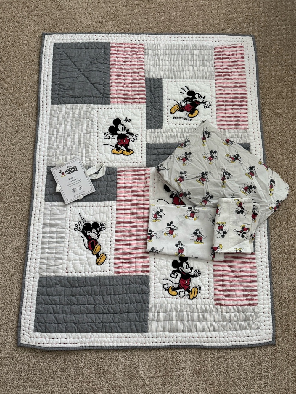 Disney Mickey Mouse Grey Pink and White Patchwork Baby Quilt
